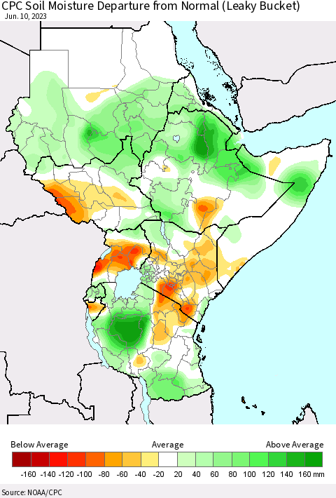 Eastern Africa CPC Soil Moisture Departure from Normal (Leaky Bucket) Thematic Map For 6/6/2023 - 6/10/2023