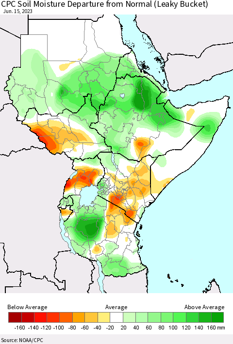 Eastern Africa CPC Soil Moisture Departure from Normal (Leaky Bucket) Thematic Map For 6/11/2023 - 6/15/2023