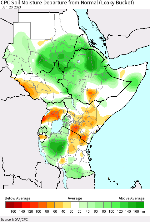 Eastern Africa CPC Soil Moisture Departure from Normal (Leaky Bucket) Thematic Map For 6/16/2023 - 6/20/2023