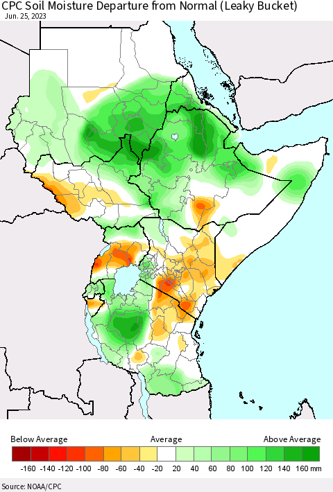 Eastern Africa CPC Soil Moisture Departure from Normal (Leaky Bucket) Thematic Map For 6/21/2023 - 6/25/2023