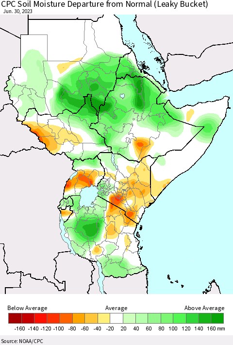 Eastern Africa CPC Soil Moisture Departure from Normal (Leaky Bucket) Thematic Map For 6/26/2023 - 6/30/2023