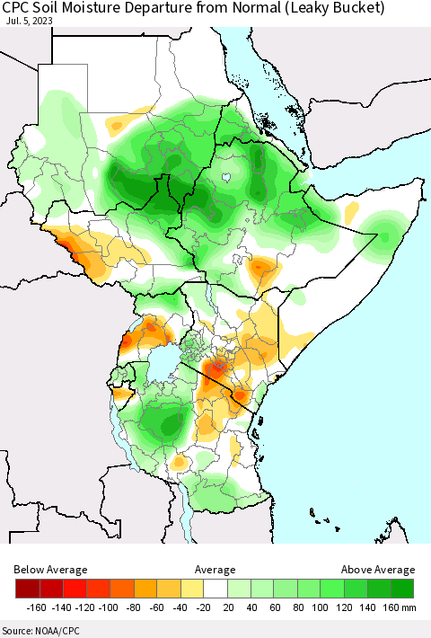 Eastern Africa CPC Soil Moisture Departure from Normal (Leaky Bucket) Thematic Map For 7/1/2023 - 7/5/2023
