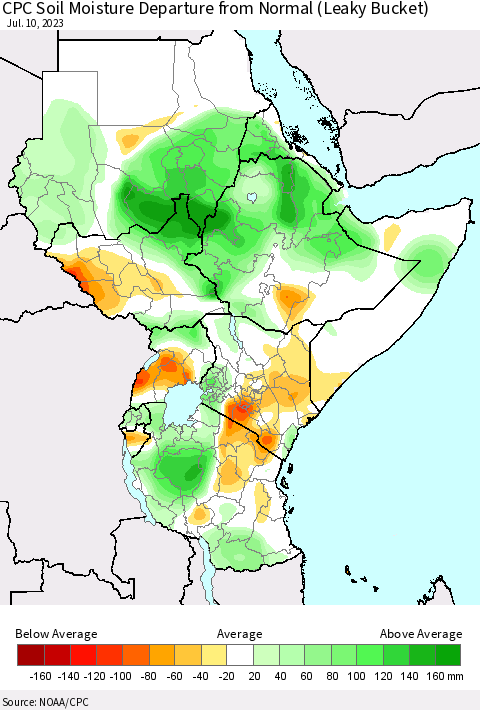 Eastern Africa CPC Soil Moisture Departure from Normal (Leaky Bucket) Thematic Map For 7/6/2023 - 7/10/2023