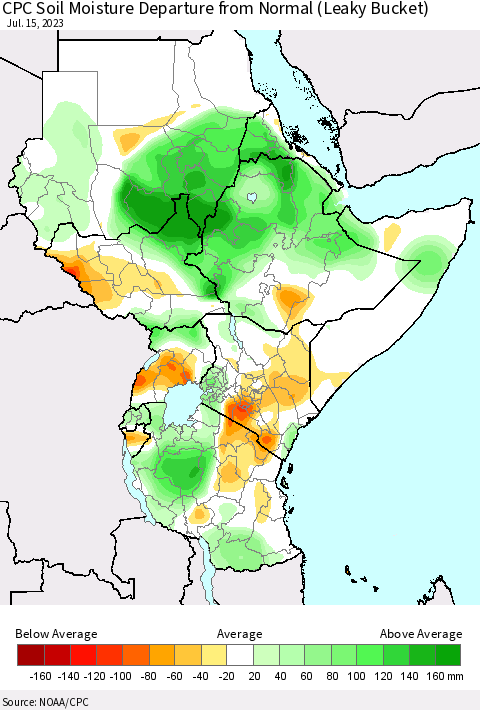 Eastern Africa CPC Soil Moisture Departure from Normal (Leaky Bucket) Thematic Map For 7/11/2023 - 7/15/2023