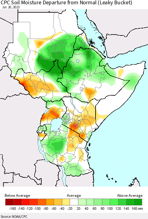 Eastern Africa CPC Soil Moisture Departure from Normal (Leaky Bucket) Thematic Map For 7/16/2023 - 7/20/2023