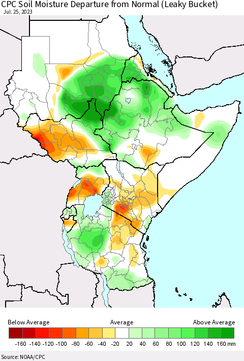 Eastern Africa CPC Soil Moisture Departure from Normal (Leaky Bucket) Thematic Map For 7/21/2023 - 7/25/2023