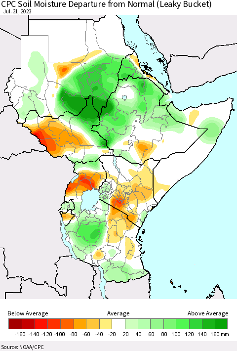 Eastern Africa CPC Soil Moisture Departure from Normal (Leaky Bucket) Thematic Map For 7/26/2023 - 7/31/2023