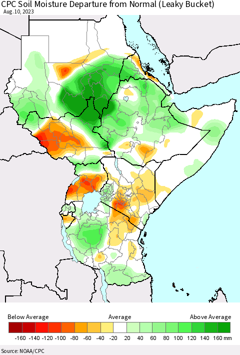 Eastern Africa CPC Soil Moisture Departure from Normal (Leaky Bucket) Thematic Map For 8/6/2023 - 8/10/2023