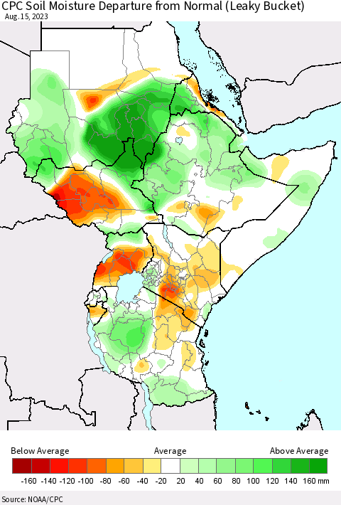 Eastern Africa CPC Soil Moisture Departure from Normal (Leaky Bucket) Thematic Map For 8/11/2023 - 8/15/2023
