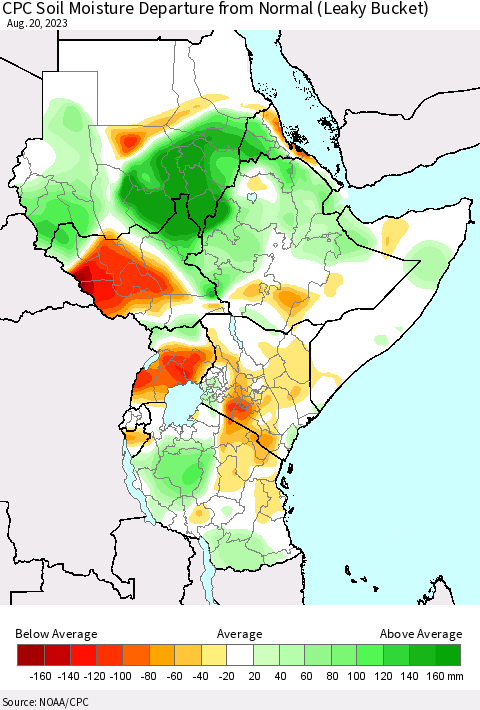 Eastern Africa CPC Soil Moisture Departure from Normal (Leaky Bucket) Thematic Map For 8/16/2023 - 8/20/2023