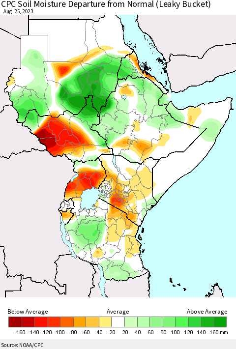 Eastern Africa CPC Soil Moisture Departure from Normal (Leaky Bucket) Thematic Map For 8/21/2023 - 8/25/2023