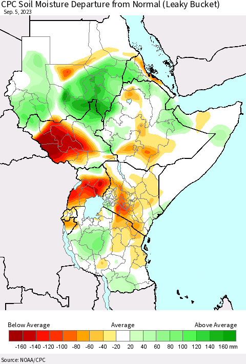 Eastern Africa CPC Soil Moisture Departure from Normal (Leaky Bucket) Thematic Map For 9/1/2023 - 9/5/2023