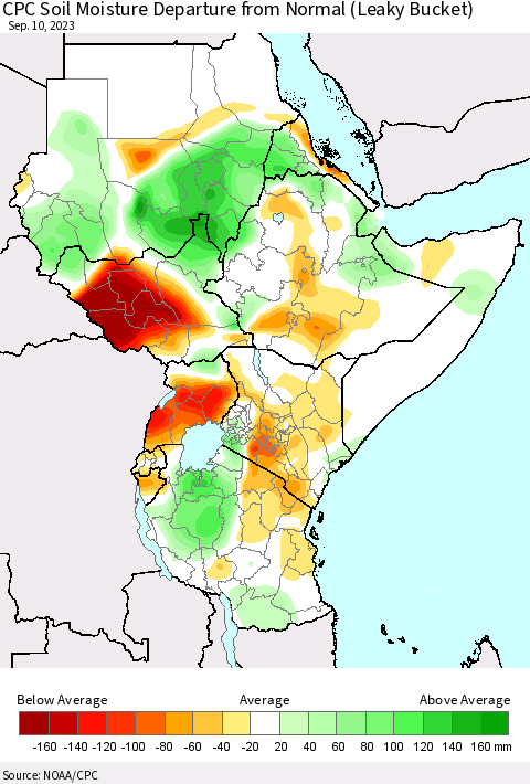 Eastern Africa CPC Soil Moisture Departure from Normal (Leaky Bucket) Thematic Map For 9/6/2023 - 9/10/2023