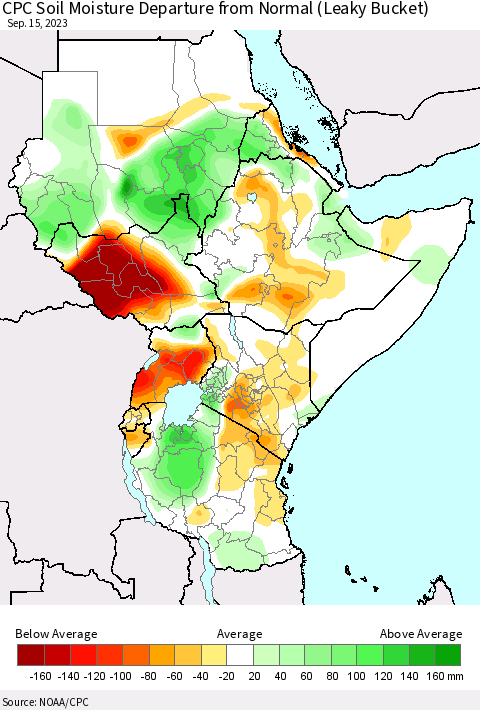 Eastern Africa CPC Soil Moisture Departure from Normal (Leaky Bucket) Thematic Map For 9/11/2023 - 9/15/2023