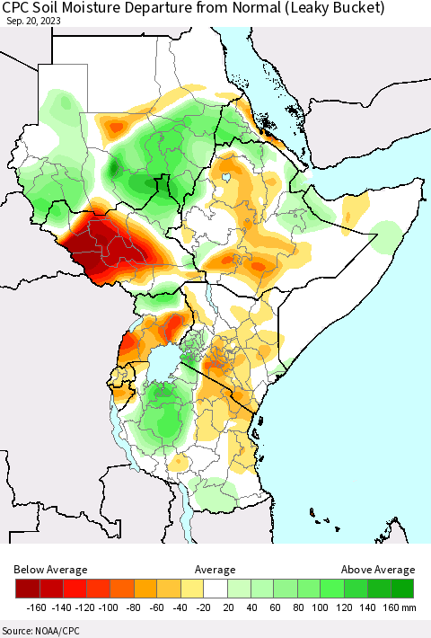 Eastern Africa CPC Soil Moisture Departure from Normal (Leaky Bucket) Thematic Map For 9/16/2023 - 9/20/2023