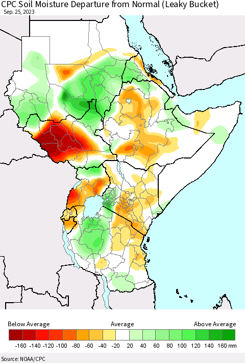 Eastern Africa CPC Soil Moisture Departure from Normal (Leaky Bucket) Thematic Map For 9/21/2023 - 9/25/2023
