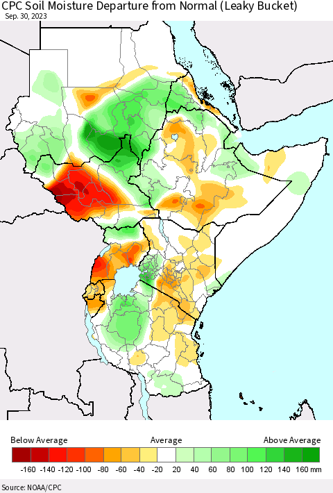 Eastern Africa CPC Soil Moisture Departure from Normal (Leaky Bucket) Thematic Map For 9/26/2023 - 9/30/2023