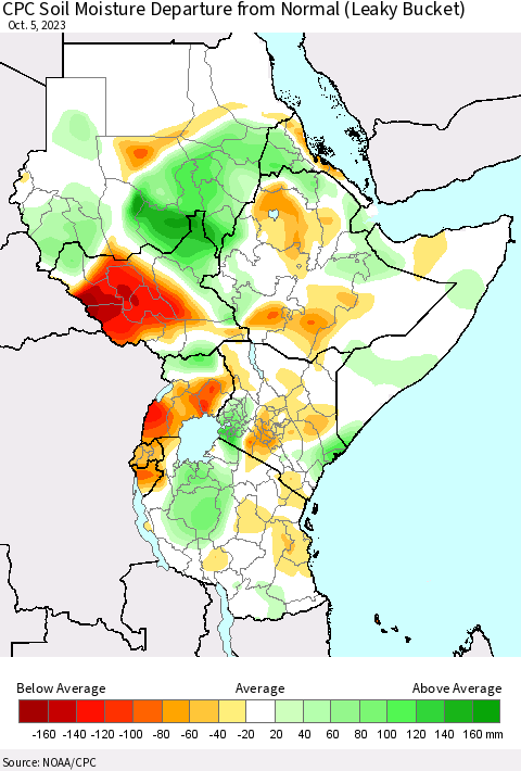 Eastern Africa CPC Soil Moisture Departure from Normal (Leaky Bucket) Thematic Map For 10/1/2023 - 10/5/2023
