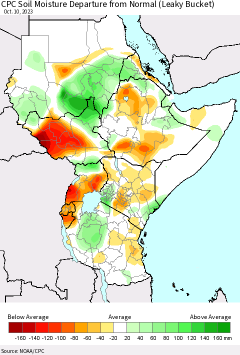 Eastern Africa CPC Soil Moisture Departure from Normal (Leaky Bucket) Thematic Map For 10/6/2023 - 10/10/2023