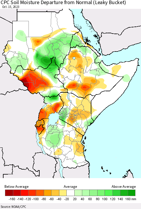 Eastern Africa CPC Soil Moisture Departure from Normal (Leaky Bucket) Thematic Map For 10/11/2023 - 10/15/2023