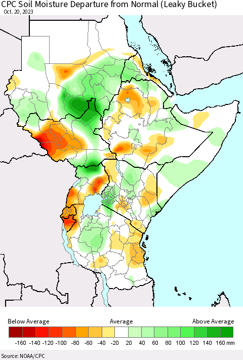 Eastern Africa CPC Soil Moisture Departure from Normal (Leaky Bucket) Thematic Map For 10/16/2023 - 10/20/2023