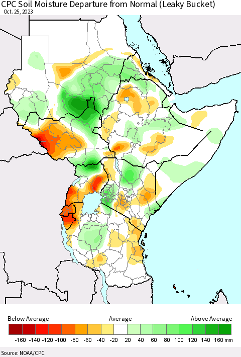 Eastern Africa CPC Soil Moisture Departure from Normal (Leaky Bucket) Thematic Map For 10/21/2023 - 10/25/2023