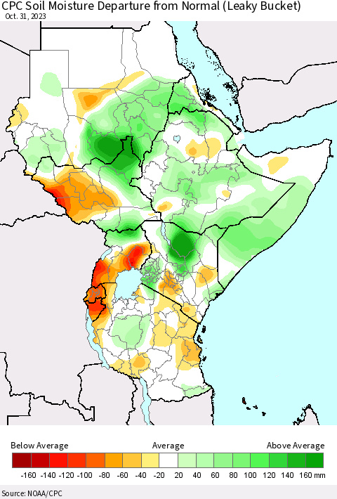Eastern Africa CPC Soil Moisture Departure from Normal (Leaky Bucket) Thematic Map For 10/26/2023 - 10/31/2023