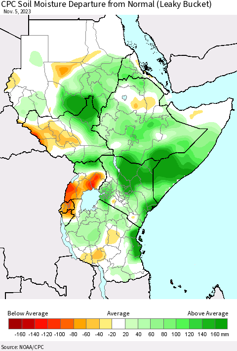 Eastern Africa CPC Soil Moisture Departure from Normal (Leaky Bucket) Thematic Map For 11/1/2023 - 11/5/2023