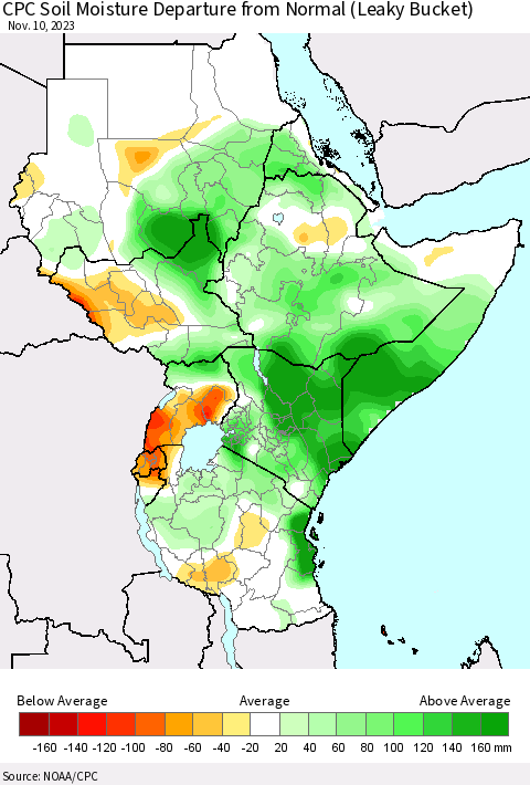 Eastern Africa CPC Soil Moisture Departure from Normal (Leaky Bucket) Thematic Map For 11/6/2023 - 11/10/2023