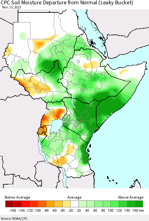 Eastern Africa CPC Soil Moisture Departure from Normal (Leaky Bucket) Thematic Map For 11/11/2023 - 11/15/2023