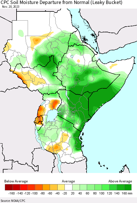 Eastern Africa CPC Soil Moisture Departure from Normal (Leaky Bucket) Thematic Map For 11/16/2023 - 11/20/2023