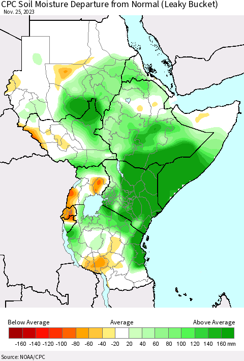 Eastern Africa CPC Soil Moisture Departure from Normal (Leaky Bucket) Thematic Map For 11/21/2023 - 11/25/2023