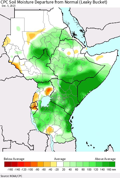 Eastern Africa CPC Soil Moisture Departure from Normal (Leaky Bucket) Thematic Map For 12/1/2023 - 12/5/2023