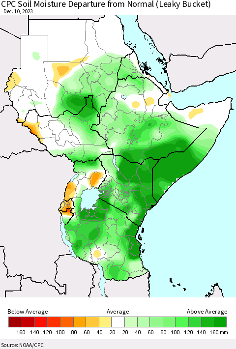 Eastern Africa CPC Soil Moisture Departure from Normal (Leaky Bucket) Thematic Map For 12/6/2023 - 12/10/2023
