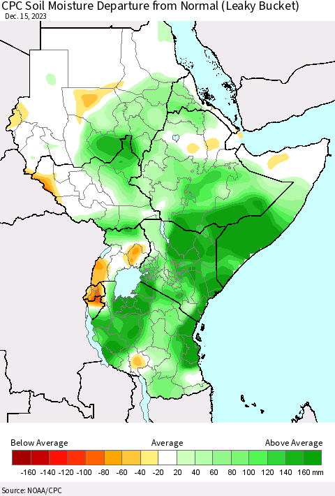 Eastern Africa CPC Soil Moisture Departure from Normal (Leaky Bucket) Thematic Map For 12/11/2023 - 12/15/2023