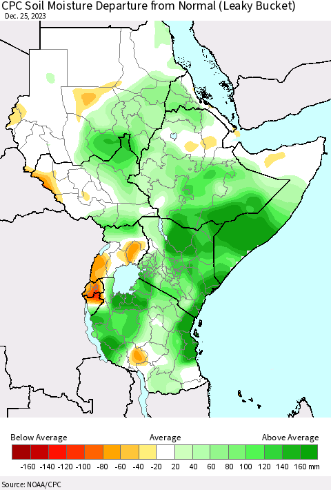 Eastern Africa CPC Soil Moisture Departure from Normal (Leaky Bucket) Thematic Map For 12/21/2023 - 12/25/2023