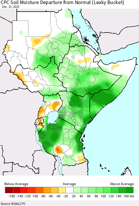 Eastern Africa CPC Soil Moisture Departure from Normal (Leaky Bucket) Thematic Map For 12/26/2023 - 12/31/2023