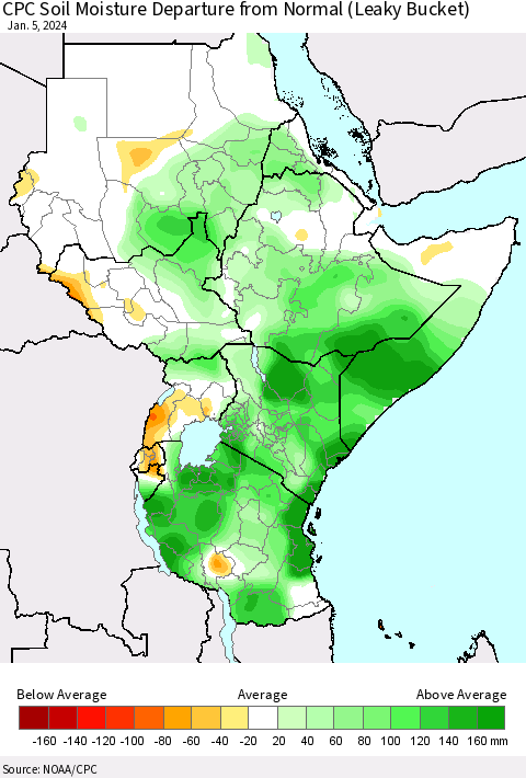 Eastern Africa CPC Soil Moisture Departure from Normal (Leaky Bucket) Thematic Map For 1/1/2024 - 1/5/2024