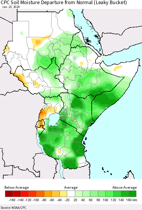 Eastern Africa CPC Soil Moisture Departure from Normal (Leaky Bucket) Thematic Map For 1/6/2024 - 1/10/2024