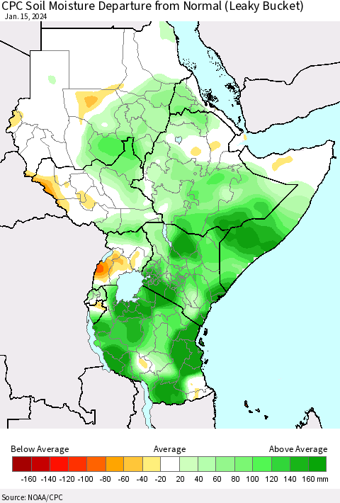 Eastern Africa CPC Soil Moisture Departure from Normal (Leaky Bucket) Thematic Map For 1/11/2024 - 1/15/2024