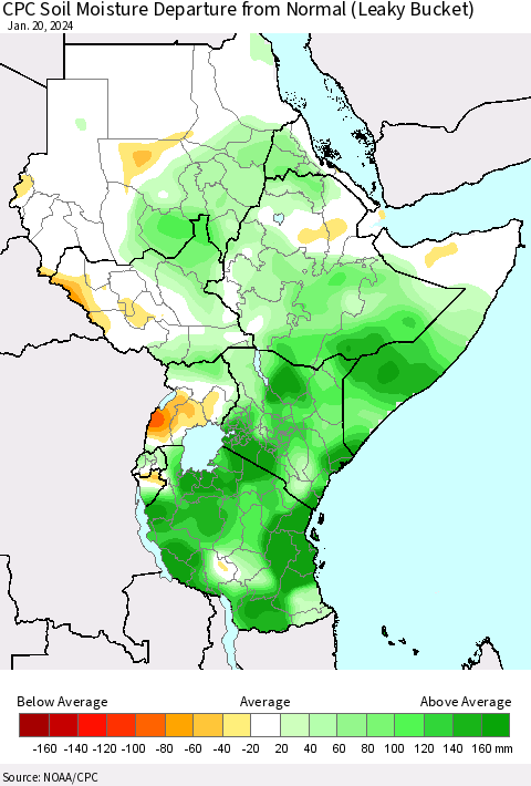 Eastern Africa CPC Soil Moisture Departure from Normal (Leaky Bucket) Thematic Map For 1/16/2024 - 1/20/2024