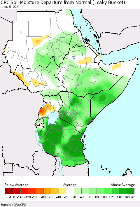 Eastern Africa CPC Soil Moisture Departure from Normal (Leaky Bucket) Thematic Map For 1/26/2024 - 1/31/2024