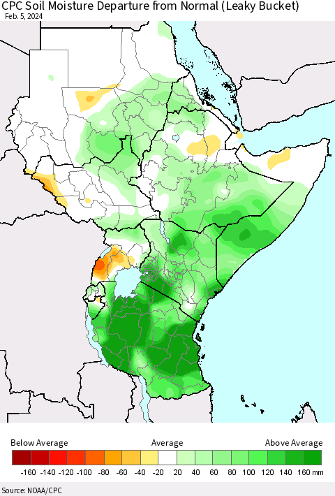 Eastern Africa CPC Soil Moisture Departure from Normal (Leaky Bucket) Thematic Map For 2/1/2024 - 2/5/2024