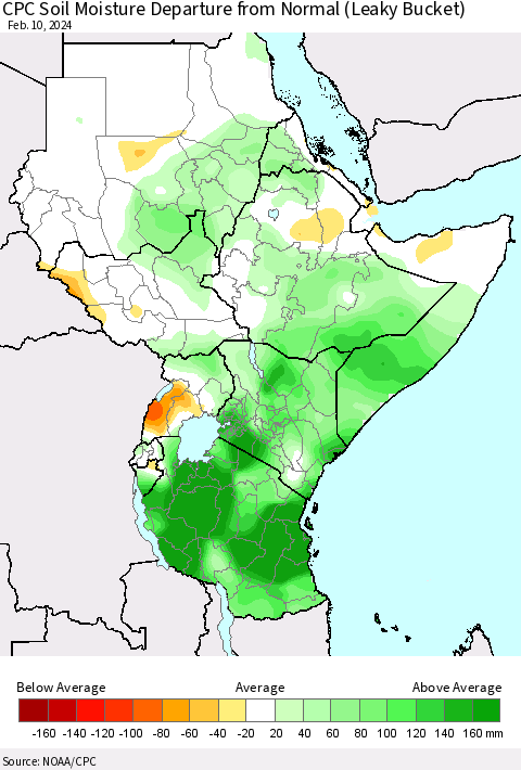 Eastern Africa CPC Soil Moisture Departure from Normal (Leaky Bucket) Thematic Map For 2/6/2024 - 2/10/2024
