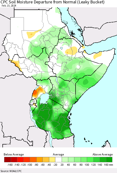 Eastern Africa CPC Soil Moisture Departure from Normal (Leaky Bucket) Thematic Map For 2/11/2024 - 2/15/2024