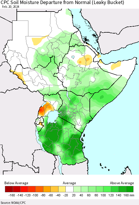 Eastern Africa CPC Soil Moisture Departure from Normal (Leaky Bucket) Thematic Map For 2/16/2024 - 2/20/2024