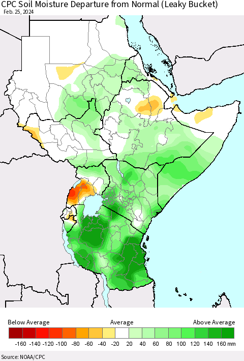 Eastern Africa CPC Soil Moisture Departure from Normal (Leaky Bucket) Thematic Map For 2/21/2024 - 2/25/2024