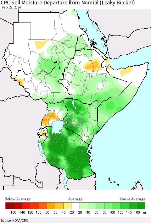 Eastern Africa CPC Soil Moisture Departure from Normal (Leaky Bucket) Thematic Map For 2/26/2024 - 2/29/2024