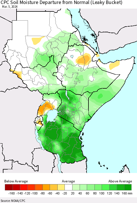 Eastern Africa CPC Soil Moisture Departure from Normal (Leaky Bucket) Thematic Map For 3/1/2024 - 3/5/2024