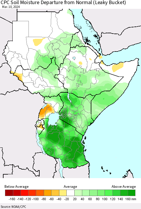 Eastern Africa CPC Soil Moisture Departure from Normal (Leaky Bucket) Thematic Map For 3/6/2024 - 3/10/2024